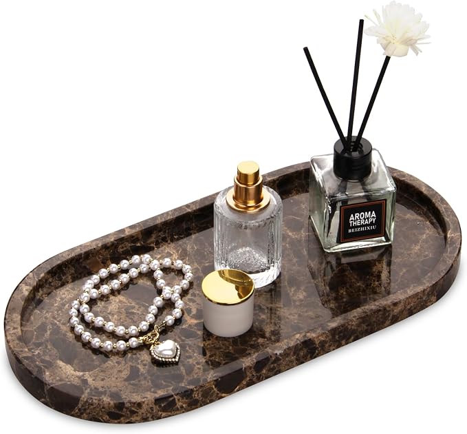 Oval Marble Bathroom Vanity Tray, Natural Luxury Marble Home Kitchen Bathroom Table Tray, Stone Decorative Countertop Tray for Coffee Perfume Jewelry (Dark Brown, 12" x 6" x 0.8")