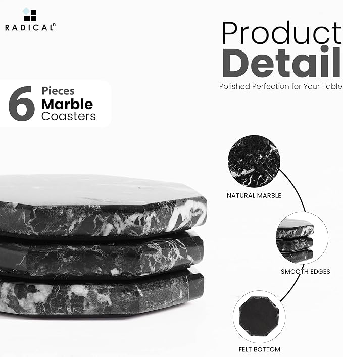 Radicaln Black Marble Coasters Set of 6 Handmade 3.5" Inch Star Coasters for Drinks, Ideal Coaster Set for Home & Kitchen Table Decor