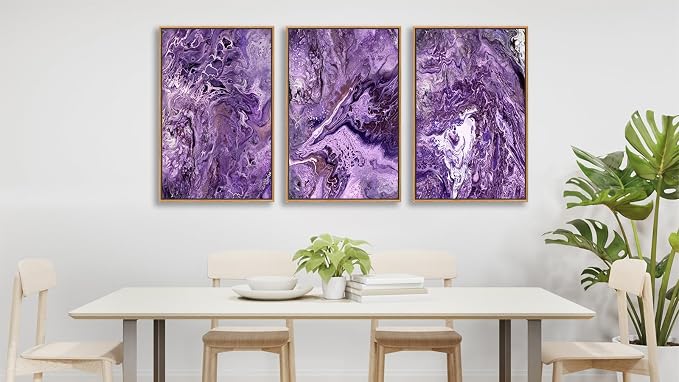 Large Canvas Wall Art for Living Room Natural Wood Float Framed Art Set of 3 Purple Abstract Pictures Minimalist Artwork Canvas Prints for Bedroom Home Office Wall Decor 24X36inX3pcs