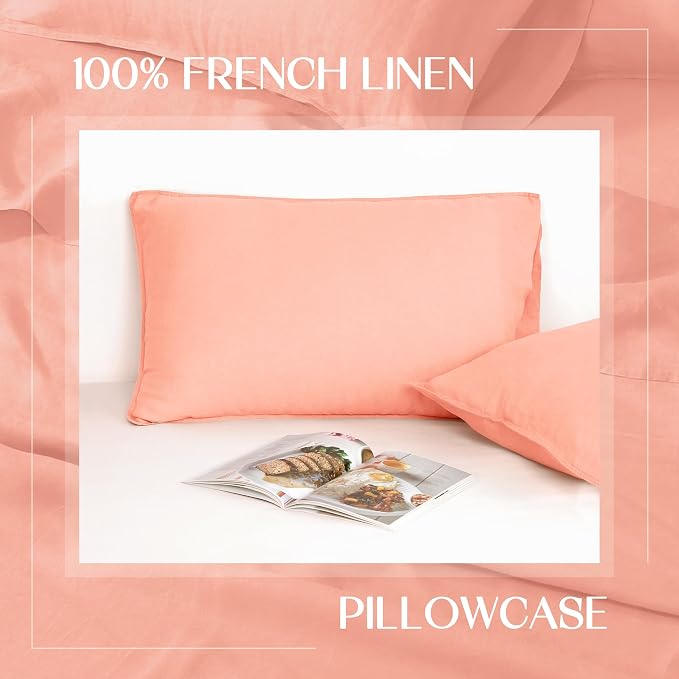 Linen World Linen Pillow Cases Queen Size - 20"x30" Set of 2,100% French Flax Pillowcase,Soft Breathable Natural Pillow Covers,Peach