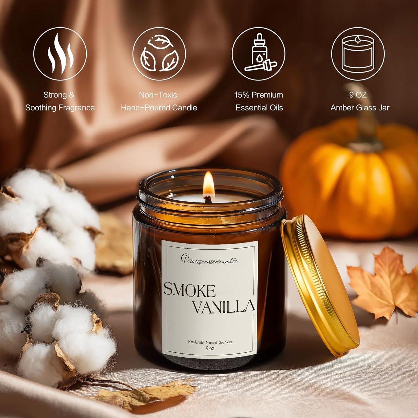 Somke Vanilla Scented Candles for Home, 9oz Natural Soy Wax Aromatherapy Organic Vanilla Candle for Stress Relief, Long Burning & Lasting Jar Candle Gifts for Birthday, Christmas, Thanksgiving