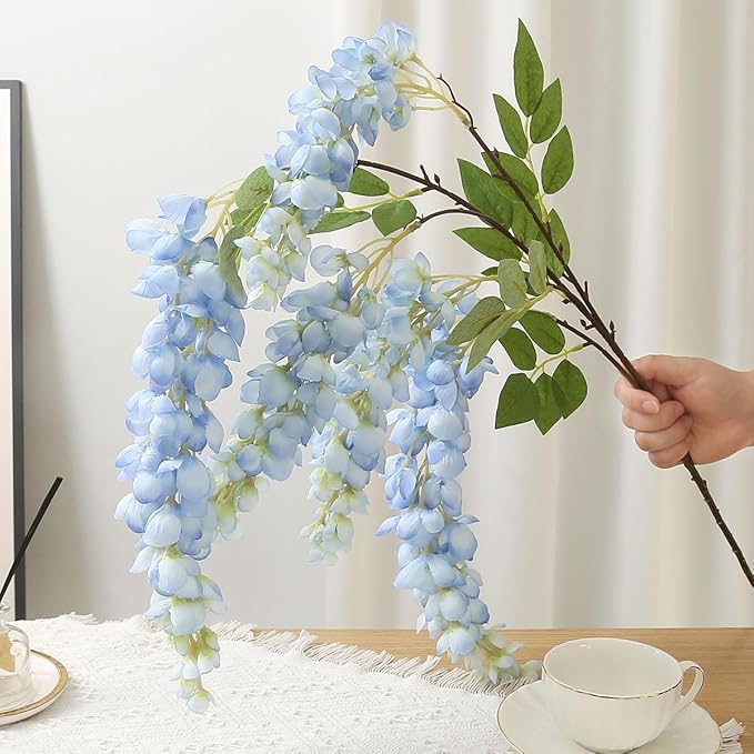 4pcs 47.2-inch Artificial Fake Wisteria Hanging Flower Garland Silk Flower String Home Party Decoration White Blue Pink Purple (Blue)