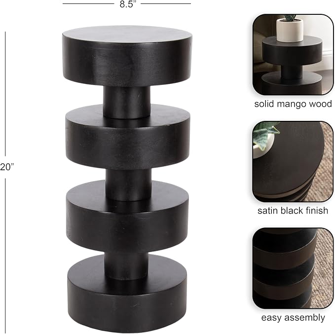 Kate and Laurel Omar Modern Wooden Round Drink Table, 9 x 9 x 20, Black, Geometric Floating Disks Circle Mini Table for Use as Small Bedroom Night Stand or Indoor Plant Stand