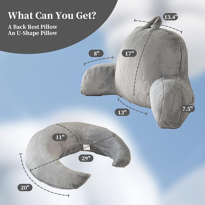 19" Reading Pillow for Bed,U Shaped Arm & Elbow Support,Gray Faux Fur | Backrest Supports Back,U Shaped Lap Pillow Cushions Arms,Elbows & Wrists,Plush Faux Fur for Reading,Gaming,Watching TV