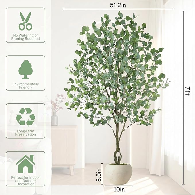 Caxchiling Large Artificial Eucalyptus Tree 7FT, Indoor Outdoor Faux Tree | Natural Trunk with White Planter for Home Office Living Room Front Door Decor