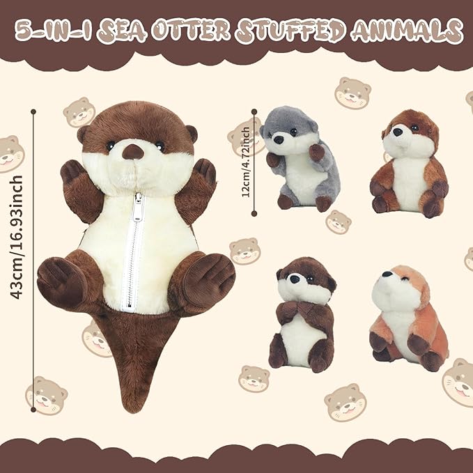 5 PCS Sea Otter Stuffed Animals, Large Mommy Otter Plush with 4 Babies Stuffed Otters Inside, Soft Cuddly Otter Plushies Pillow Toy Gift for Kids Easter Birthday Christmas Ocean Party