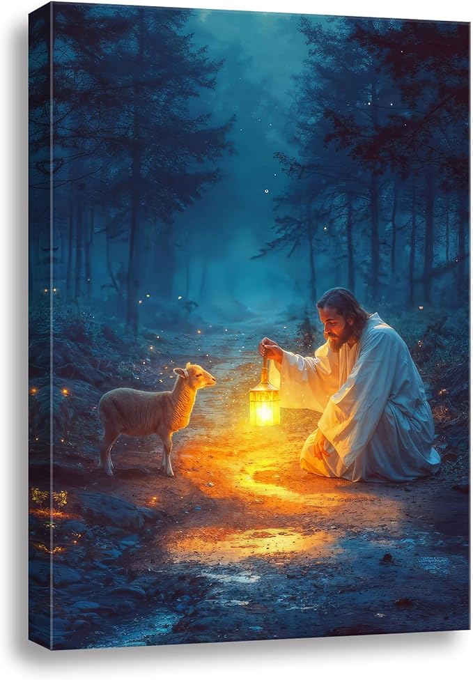 Ploceiny Christian gifts for women Religious wall art decorations for prayer room Jesus Running After Lost Lamb Picture Jesus and lamb canvas posters for home decor A-391 (16"X24")