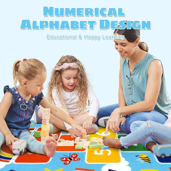 STARUIA Washable Hopscotch Kids Rug for Playroom, Colorful Educational Classroom Rugs with ABC Number, Non Slip Kids Play Mat Rug Game Carpet for Bedroom Nursery Daycare Boy Girl （Blue, 31.5''x72''）