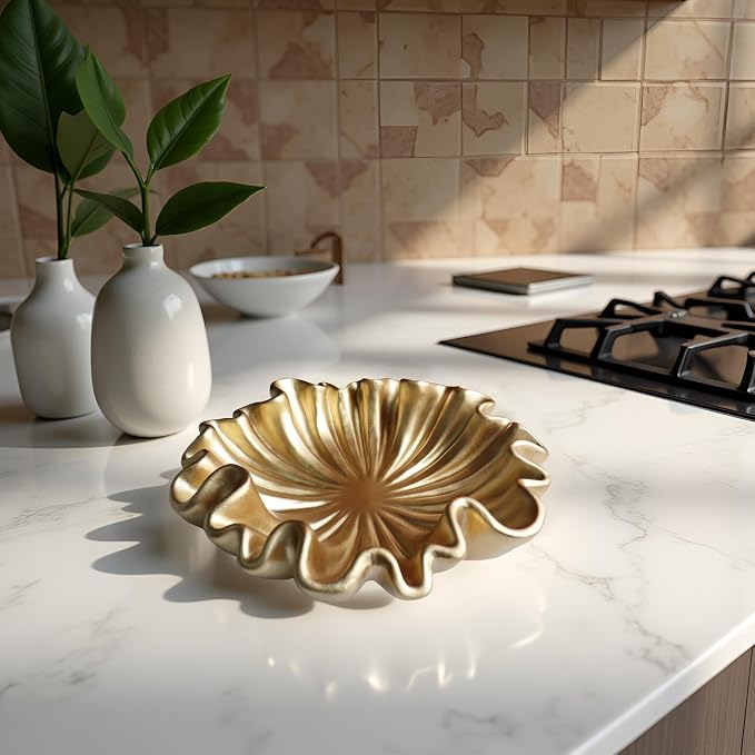 12" Large Decorative Bowl decor - Scalloped Decorative Bowls for Home Decor - Organic Fluted Modern Home Decor,Ruffle Decor key bowl,bowl for keys,Golden