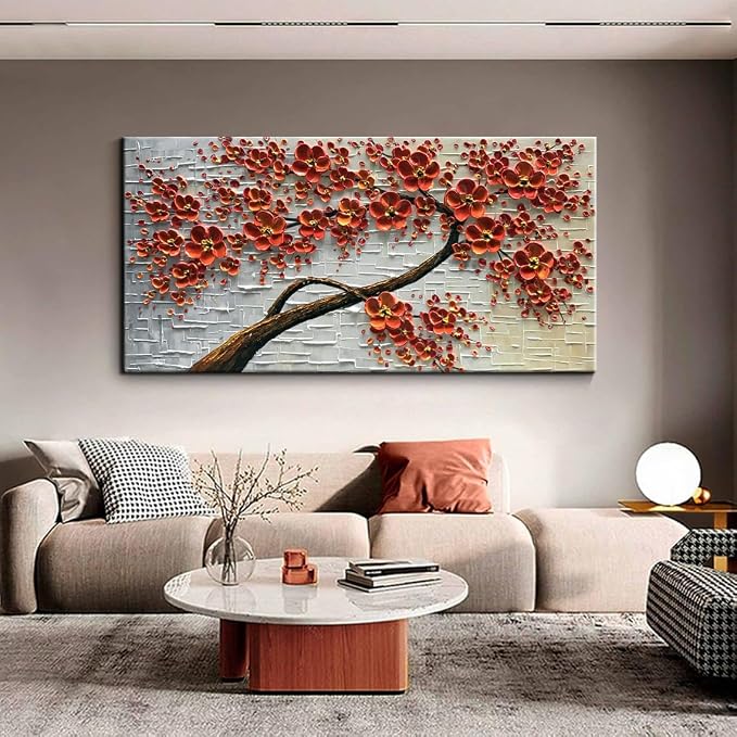 YaSheng Art - 48x24inch Canvas Wall Art, Hand Painted Oil Painting ,Abstract 3D Texture Wall Art Pictures, Red Floral Paintings, Modern Home Bedroom Wall Art Decor, Wall Art for living room, Large Framed oil painting.