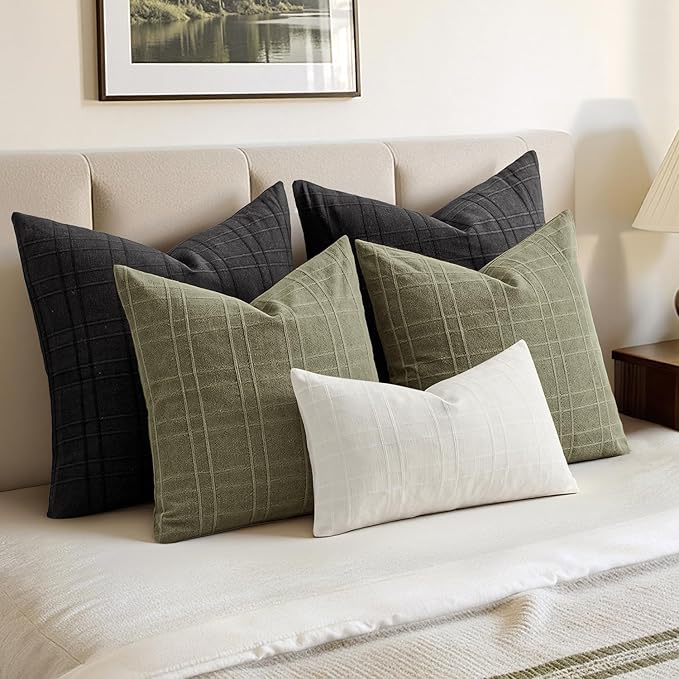 MIULEE Decorative Linen Check Throw Pillow Covers Neutral Farmhouse Vintage Spring Pillow Covers 18x18 Set of 2 Boho Modern Home Decor for Sofa Couch Bedroom Cushion Sage Green
