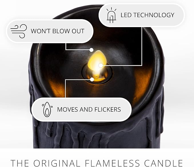 Luminara Black Wax Drip Flameless Candle LED Battery Operated Moving Flame Lights Pillar Unscented Real Wax with Dripped Edge, Timer (3 x 6.5 inch)