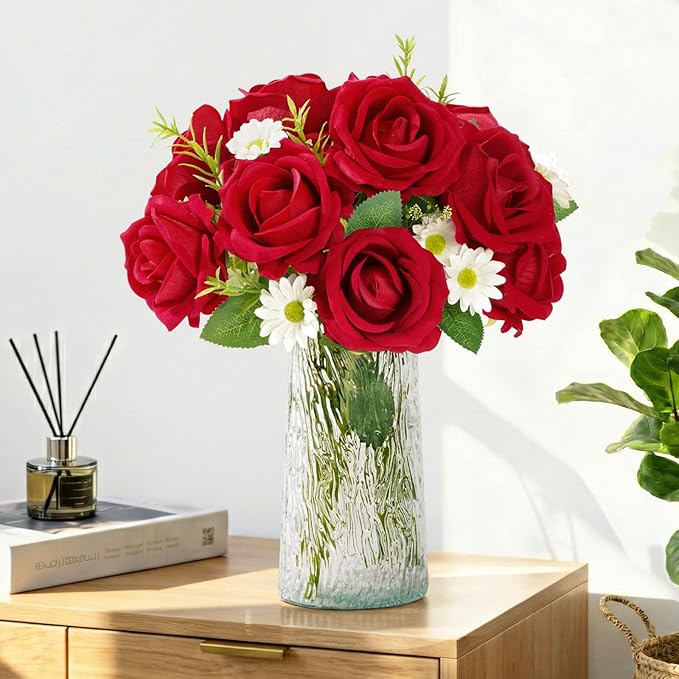 Lifewit Classic Red Artificial Roses Flowers, Faux Long Stem Silk Roses Bulky for DIY Wedding Bouquets Decoration, Centerpieces Arrangements, Velentine,10 Pcs