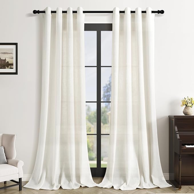 102 Inches Long Cream Living Room Curtains 2 Panels Set Grommet Ring Top Linen Drapes for Patio Sliding Door Light Filtering Modern Bohemian 102 Inch Curtain for Large Window Dining Office Bedroom