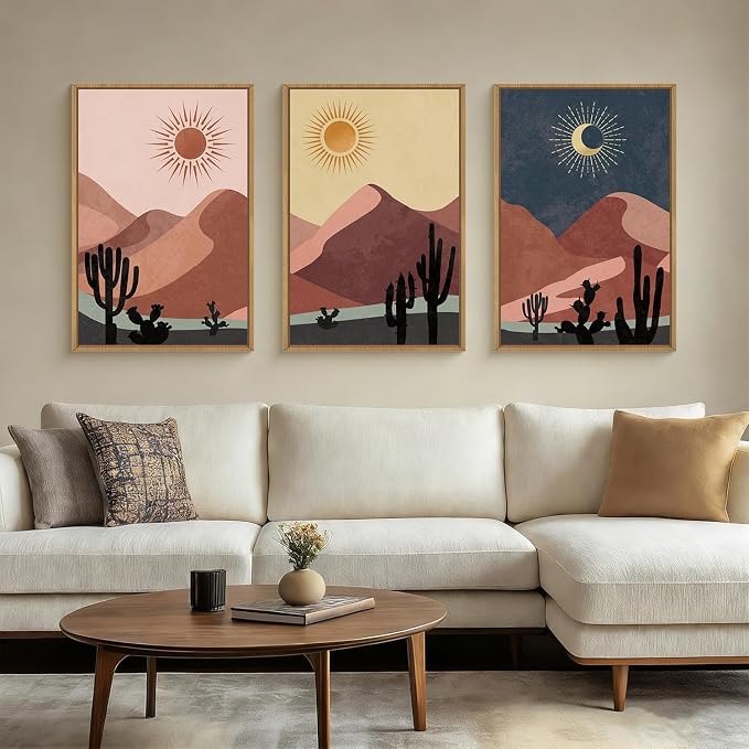 HPNIUB Boho Desert Framed Canvas Wall Art Set, Abstract Sun and Moon Wall Decor, Modern Cactus Art Prints, Mid Century Southwestern Landscape Artwork for Living Room, Bedroom, Office-16''x24''x3