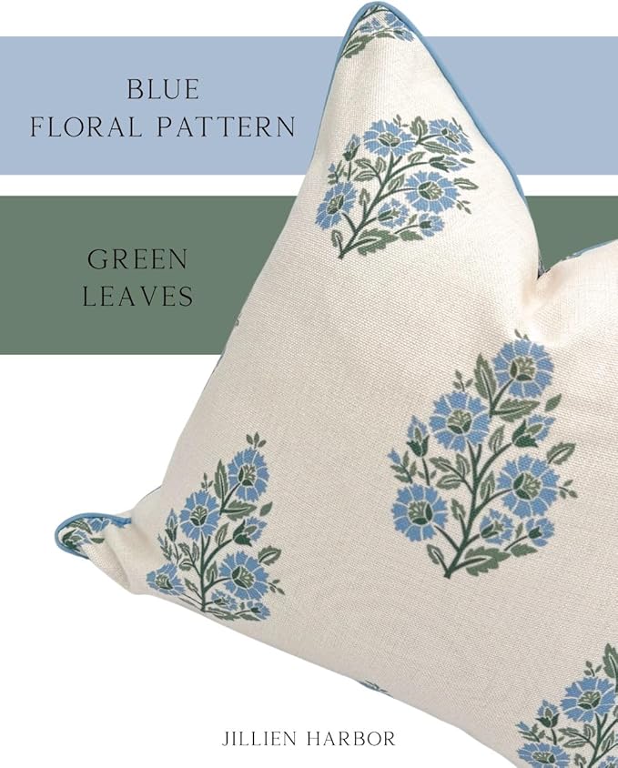 Jillien Harbor “The Camille” Floral Block Print Pillow Cover – Soft Blue and White Decorative Throw Pillow Cover – Grandmillennial Home Decor, 20" x 20"