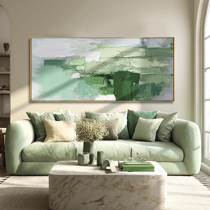 Green Hand-painted Abstract Canvas Wall Art, 32x70 Inch Framed Horizontal Artwork with Layered Green Tones for Living Room Decor