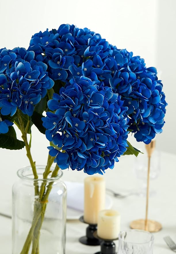 PARTY JOY 5PCS 15.4In Artificial Hydrangea Silk Flowers Bouquet Faux Hydrangea Stems for Wedding Centerpieces Home Decor (Blue)