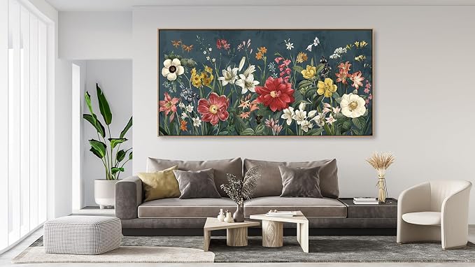 yearainn Botanical Framed Wall Art - Colorful Flowers Bouquet Canvas Pictures Wall Decor Wildflowers Painting Artwork Blooming Floral Prints Living Room Office Home Decor Natural Wood Frame 48" x 24"
