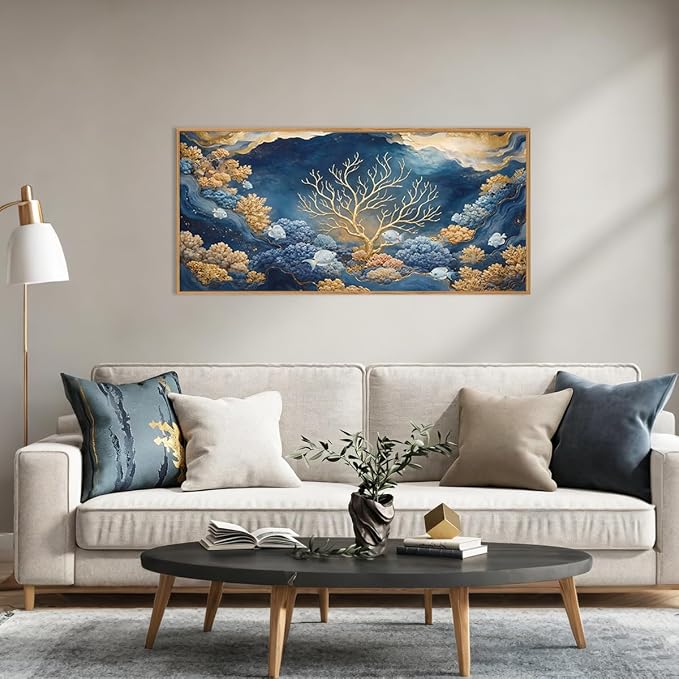 HPNIUB Blue Dreamy Underwater Framed Canvas Wall Art 40"x20" | Modern Gold Coral Seascape Decoration Abstract Navy Ocean Marine Fish Artwork Living Room Bedroom Farmhouse Office
