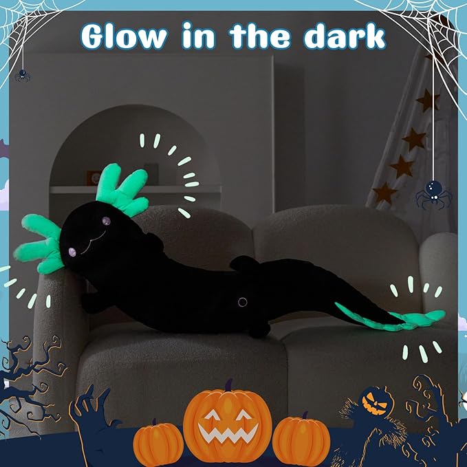 Tezituor Black Axolotl Stuffed Animal 48 inch Glow-in-Dark Plush Toy Body Pillow for Kids Adults Girls 6-12, 4ft Large Stuffed Salamander Axolotl Lovers Gifts Halloween Christmas Valentine's Day