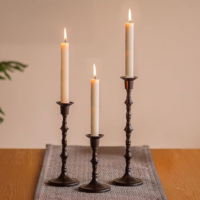 Nuptio Black Candle Holder for Candlestick: Set of 3 Gothic Taper Candle Stick Holders - Tall Metal Candleholders for Halloween Christmas Fireplace Dining Room Table Centerpieces