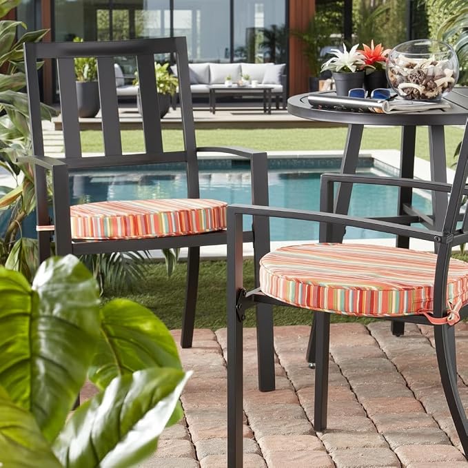 Set of 2 Outdoor 18 inch Round Patio Dining Chair Pads – Comfortable Fiber-Filled Seat Cushions with Ties, Reversible Polyester Fabric, Watermelon Stripe