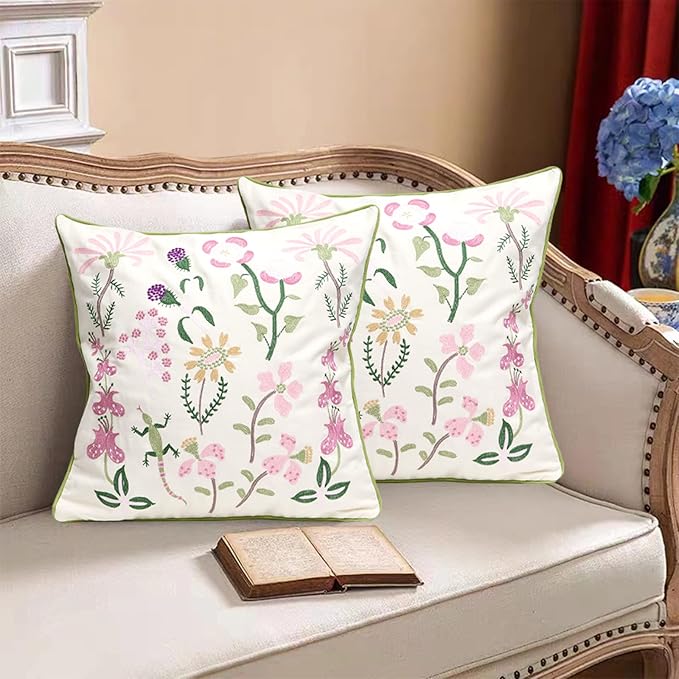 Set of 2 Embroidered Decorative Throw Pillow Covers Couch Square Pillowcases Cushion for Bedroom Sofa Farmhouse Decor 18x18 Inch (Gecko Flower)