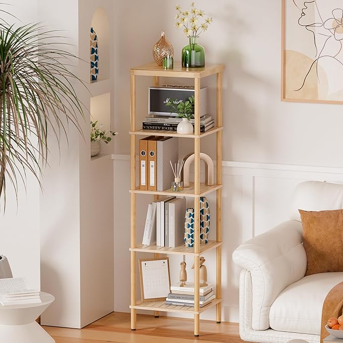AmazerBath 5-Tier Bamboo Bathroom Shelf, Bathroom Standing Shelves, Multifunctional Shelving Unit for Living Room Bedroom Kitchen, Natural Color