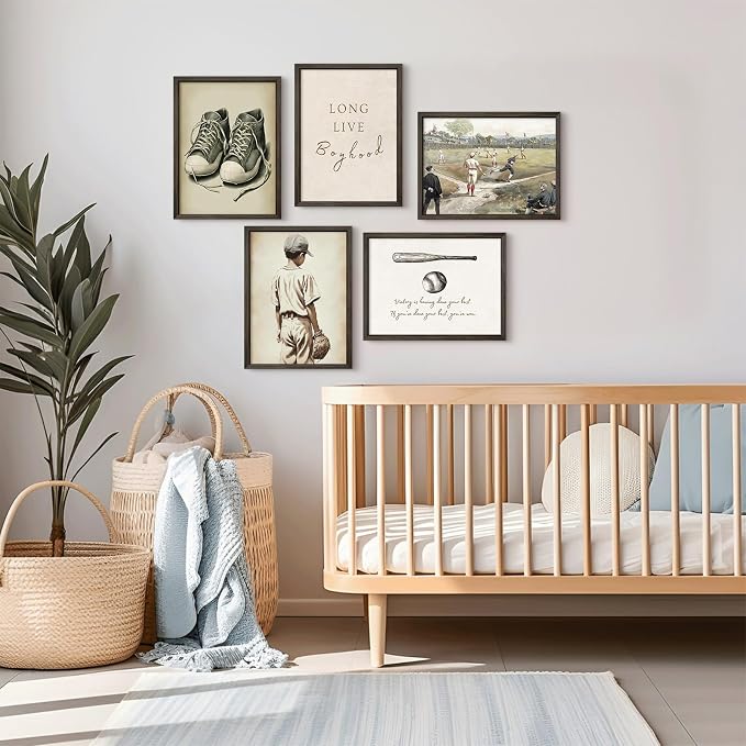 Baseball Nursery Wall Art Decor Vintage Boys Room Canvas Posters Sports Boy Pictures Baseball Vintage Nursery Painting Neutral Sport Kids Room Prints Wall Art for Bedroom 12x16x5 Inch Wood Framed