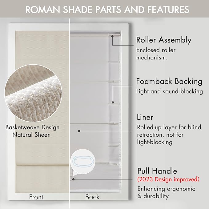 Madison Park Galen Cordless Roman Shade, 23"W x 64"H, Sheen Ivory – Room Darkening, Thermal Insulated, Energy Efficient Window Blind with Subtle Sheen Basketweave Fabric for Privacy