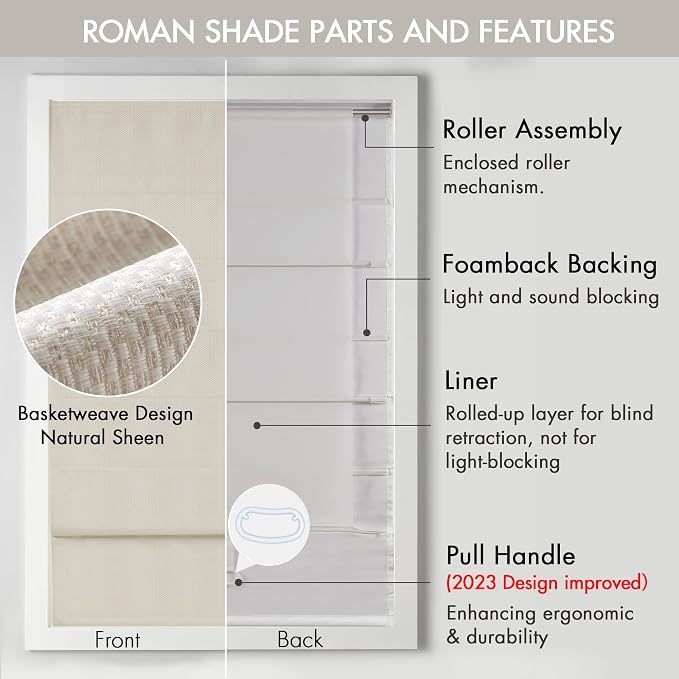 Madison Park Galen Cordless Roman Shade, 29"W x 64"H, Sheen Ivory – Room Darkening, Thermal Insulated, Energy Efficient Window Blind with Subtle Sheen Basketweave Fabric for Privacy