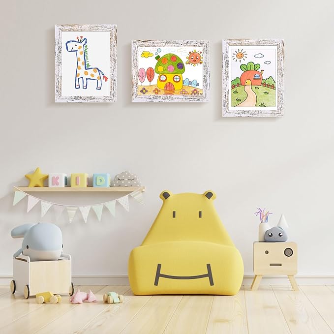 KINLINK 9x12 Kids Art Frame Set of 2, Solid Wood Kids Artwork Frames Changeable with Front Opening Hold 150 Pictures, Art Frames for Kids Art with Mat，without Mat 9x12 Picture Frame Rustic White