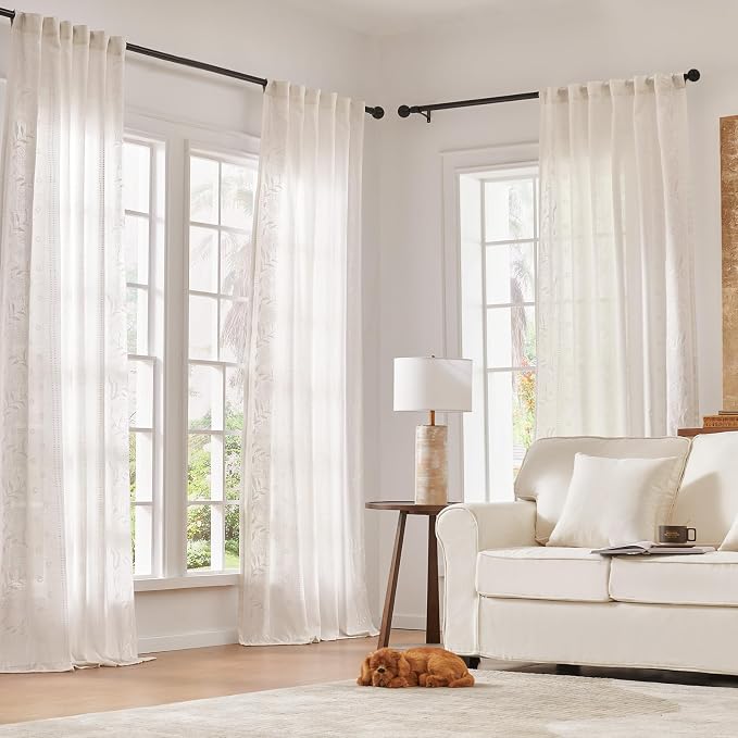 jinchan Winslow Linen Curtains for Bedroom 96 Inches Length Embroidered Bordered Floral Curtains for Living Room Farmhouse Decor Light Filtering Window Treatments White on White Drapes 2 Panels