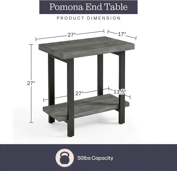 Alaterre Furniture Pomona Solid Wood 2-Tier End Table, Slate Grey, 27” | Side Table or Nightstand with Storage Shelf and Metal Legs, Industrial Farmhouse Chair Side Table for Living Room or Bedroom