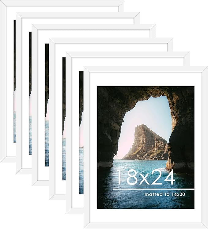 PEALSN 18x24 Poster Frame Set of 6, Display Pictures 16 x 20 with Mat or 18 x 24 without Mat for Wall Mounting Display, poster frames 18 x 24 for Wall Decor, White