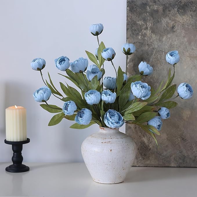 VIERENA 12 Pcs Faux Silk Peony Artificial Flowers for Vase -27", Bulk Fake Peonies Branches with Stems for DIY Bouquet Centerpieces Wedding Fillers Arrangements Shower Decorations (Dusty Blue)