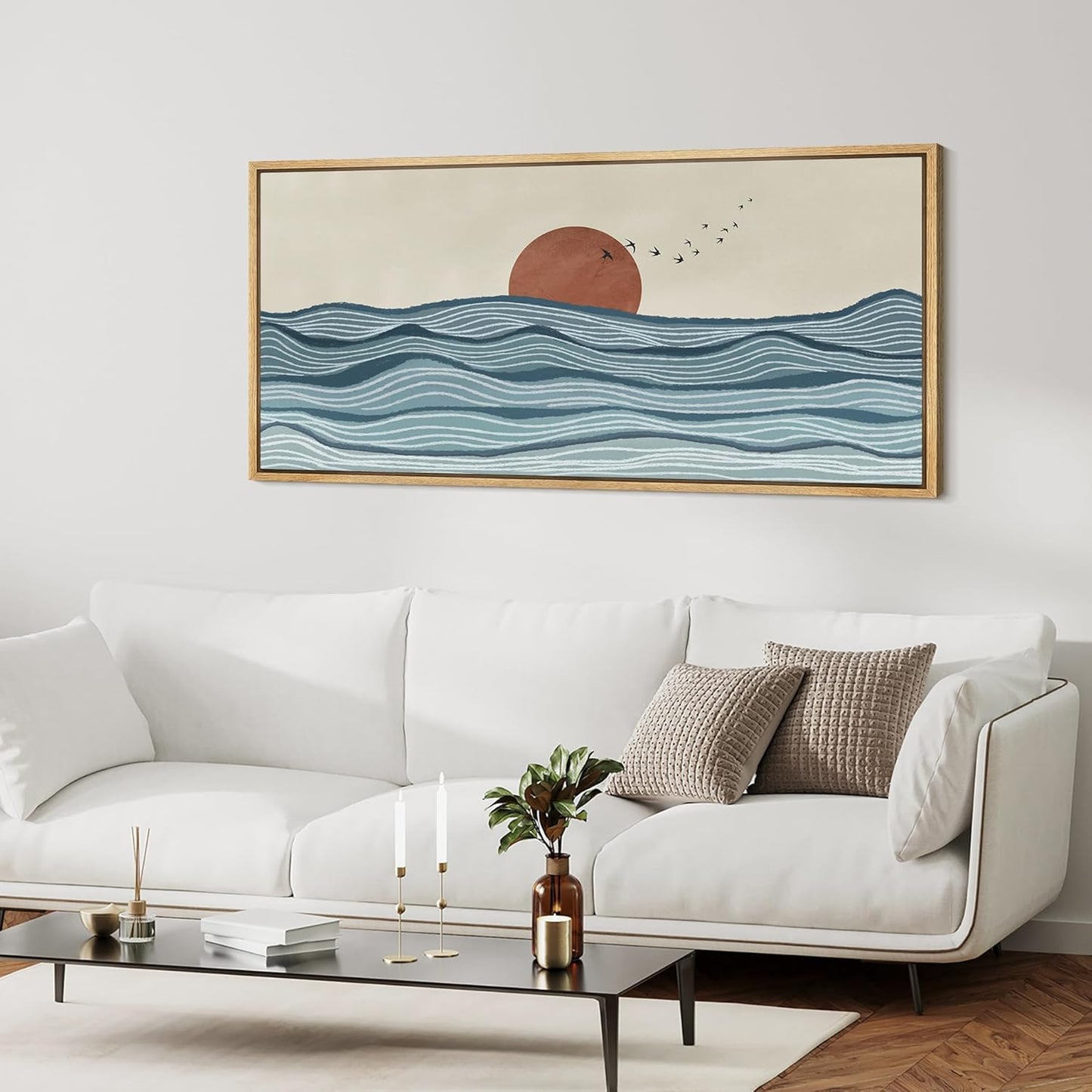 MUDECOR Extra Large Framed Canvas Print Wall Art Calm Seascape Ocean Waves and Setting Sun Illustrations Antique Retro Fine Art Illustrations Decorative Colorful for Bedroom - 60"x30"