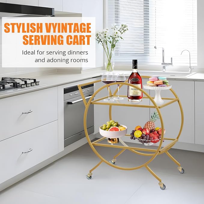 Bar Cart, 2 Tier Mobile Mini Bar, Kitchen Serving Cart and Coffee Station with Lockable Wheels, Storage for Liquor, Metal and Mirror, Modern