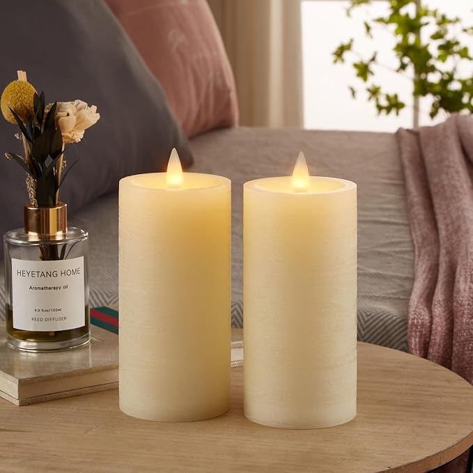 Flameless Pillar Candles Flickering with Remote Timer, Battery Operated LED Candles Up to 400 Hours, 3D Moving Flame Real Wax Candles. (Ivory Water Ripples-2 Pack)