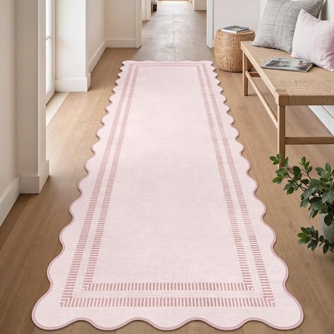 Pink Runner Rug 2.6x8 Kitchen Hallway Scalloped Rugs, Non Skid Stain-Resistant Indoor Washable Rug Soft Entryway Carpet Runner for Bathroom Laundry Room