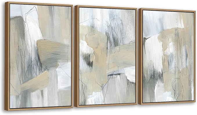 Large Framed Abstract Wall Art for Living Room Decor, Beige, 24X36inX3pcs, Neutral Abstract Painting Artwork Wall Picture, Modern Wabi-sabi Canvas Art Prints for Bedroom Bathroom Office Home