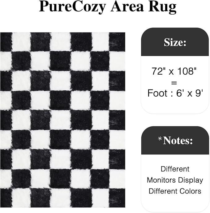 PureCozy Checkered Rug 6x9 for Living Room, Black and White Modern Shag Rugs Super Soft Washable Indoor Office Fuzzy Carpet Non-Slip Fluffy Rugs for Bedroom Home Aesthetic Decor