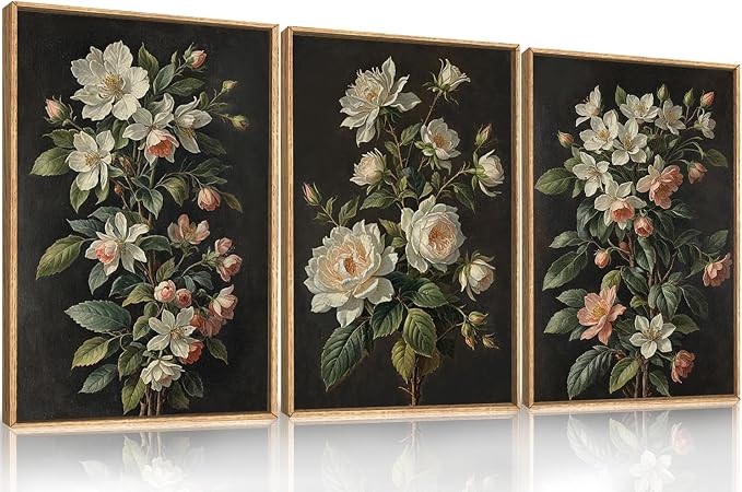 DRACIT Large Dark Moody Flowers Framed Canvas Print Wall Art Set,Vintage Antique Black Botanical Wall Decor,Retro Modern Elegant Peony Floral Artwork for Living Room,Office,Bedroom-16 x24 x3