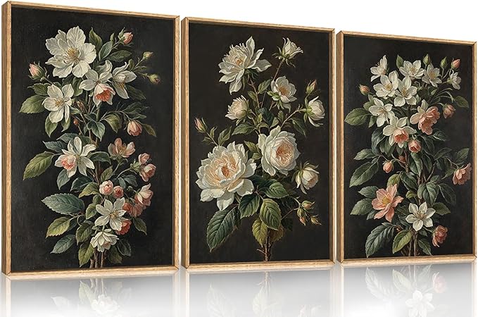 Large Dark Moody Flowers Framed Canvas Print Wall Art Set,Vintage Antique Black Botanical Wall Decor,Retro Modern Elegant Peony Floral Artwork for Living Room,Office,Bedroom-24 x36 x3