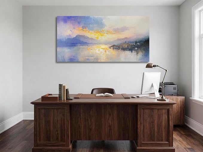 Ardemy Sunrise Lake Canvas Wall Art 48"x24" Misty Morning Mountain Landscape with Lakeside Cabin, Hand-Textured Soft Glow Picture for Living Room Bedroom Home Office Decor
