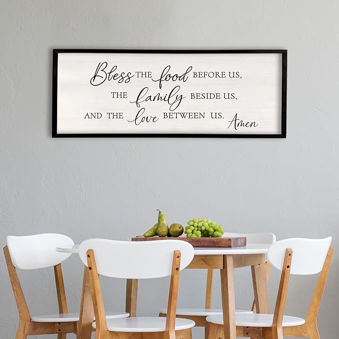 Surfapans Bless the Food Before Us Wall Decor, 32"X12" Farmhouse Dining Room Family Kitchen Sign, Christian Bible Verse Scripture Vintage Home Framed Wood Wall Art (Black)