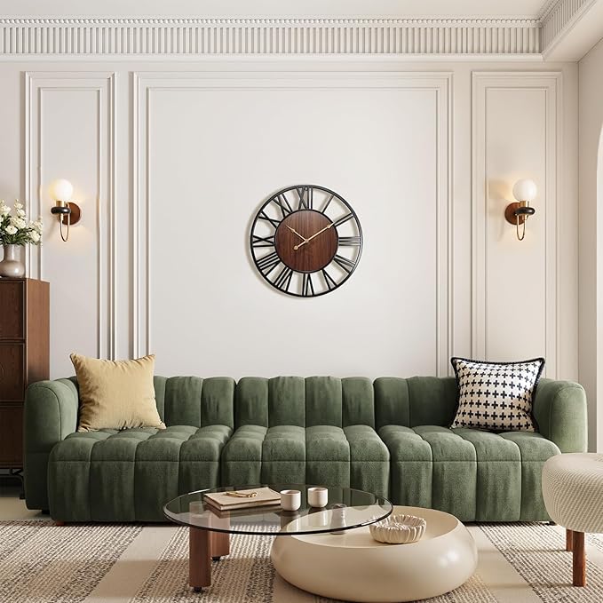 Vantic 24 Inch Large Wall Clock, Roman Numeral Wood Oversized Wall Clocks for Living Room Decor, Farmhouse, Bedroom and Kitchen, Completely Silent, Non Ticking, Battery Operated