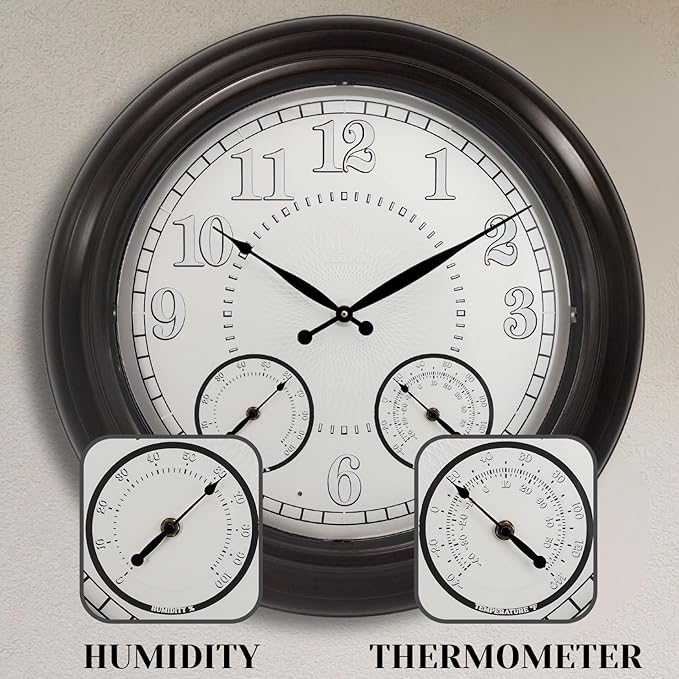 24 inch Illuminated Outdoor Clock for Patio, Waterproof with Thermometer - Large Night Light Wall Clock with Smart LED Sensor, Temperature and Humidity - Weatherproof & Easy to Read for Patio & Home
