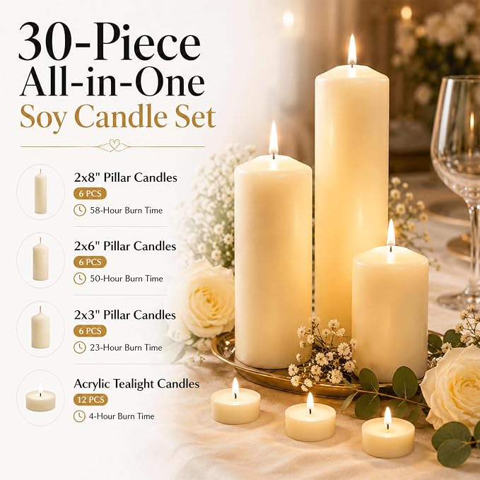 Soy Wax Pillar Candle Set of 18,Unscented White Pillars (2x3, 2x6, 2x8 in) & 12 Tea Lights, Long Clean Burning, Smokeless Natural Soy Candles for Wedding, Party, Home,Dinner Table, Emergency